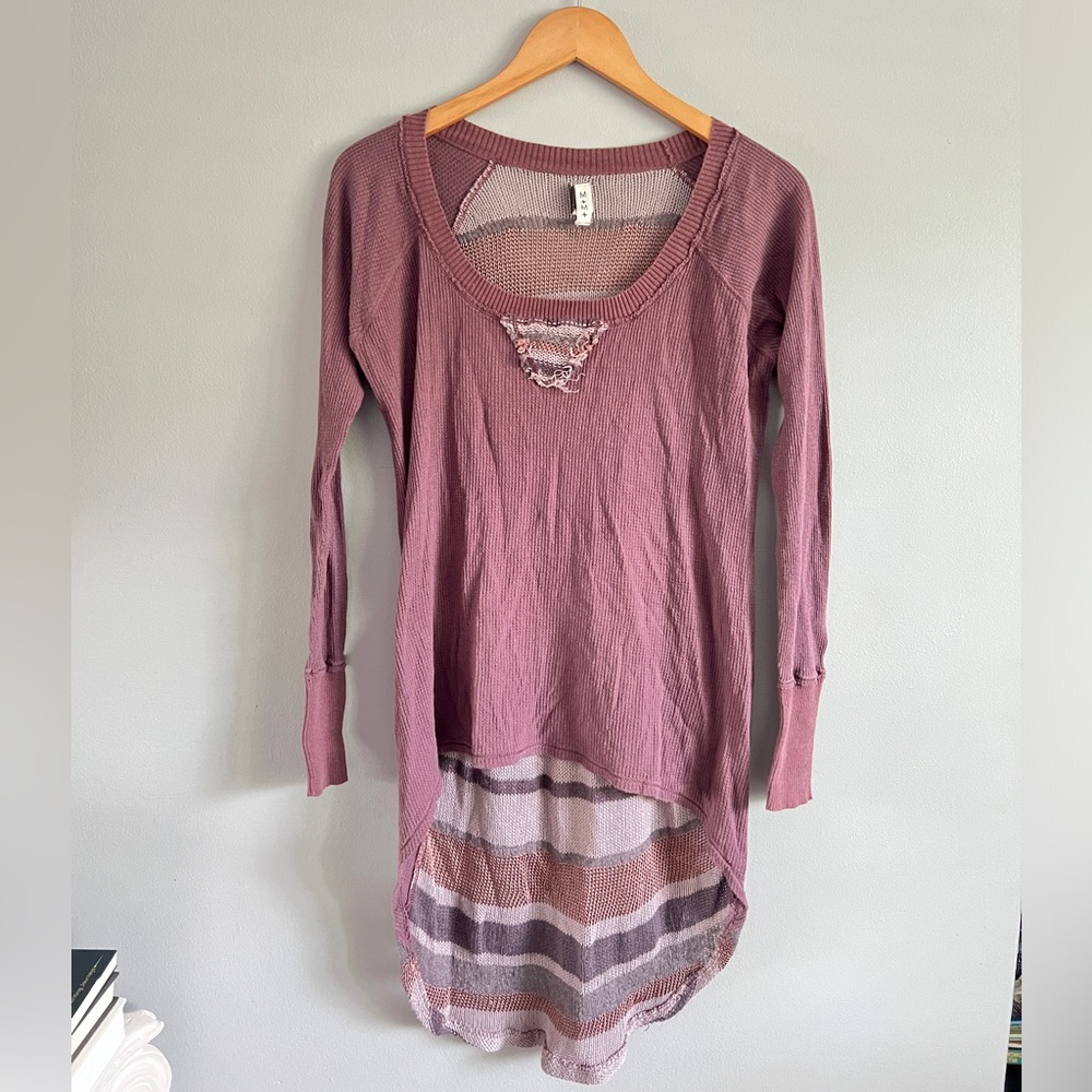 We The Free Purple Knit Distressed Raw Waffle Thermal Top EUC stripe back